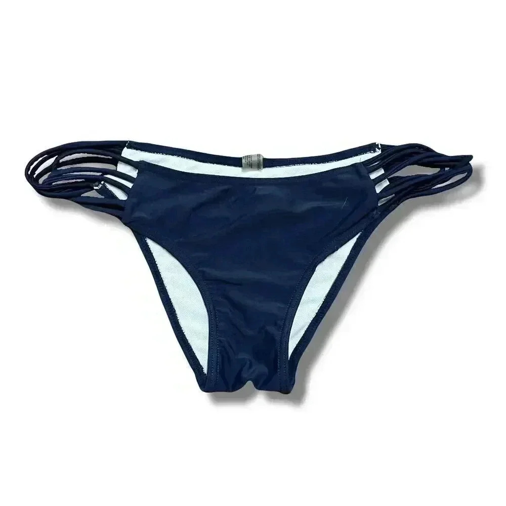 🌟 Women's Navy Blue Multi-Strap Bikini Bottoms Stretchable Fabric Size S 🌟